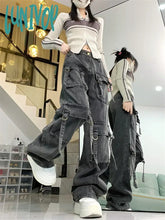 Lunivop Women’s Dark Gray Multiple Pockets Denim Trousers American Vintage Street Style Jeans